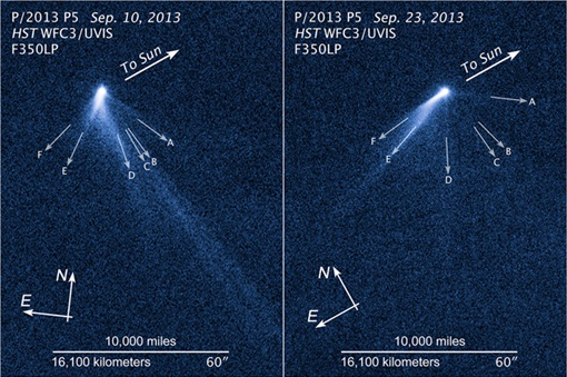 Астрономы обозначили хвосты астероида буквами. Для ясности. Фото: НАСА